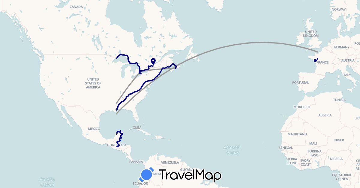 TravelMap itinerary: driving, bus, plane, boat in Belize, Canada, France, Guatemala, Mexico, United States (Europe, North America)